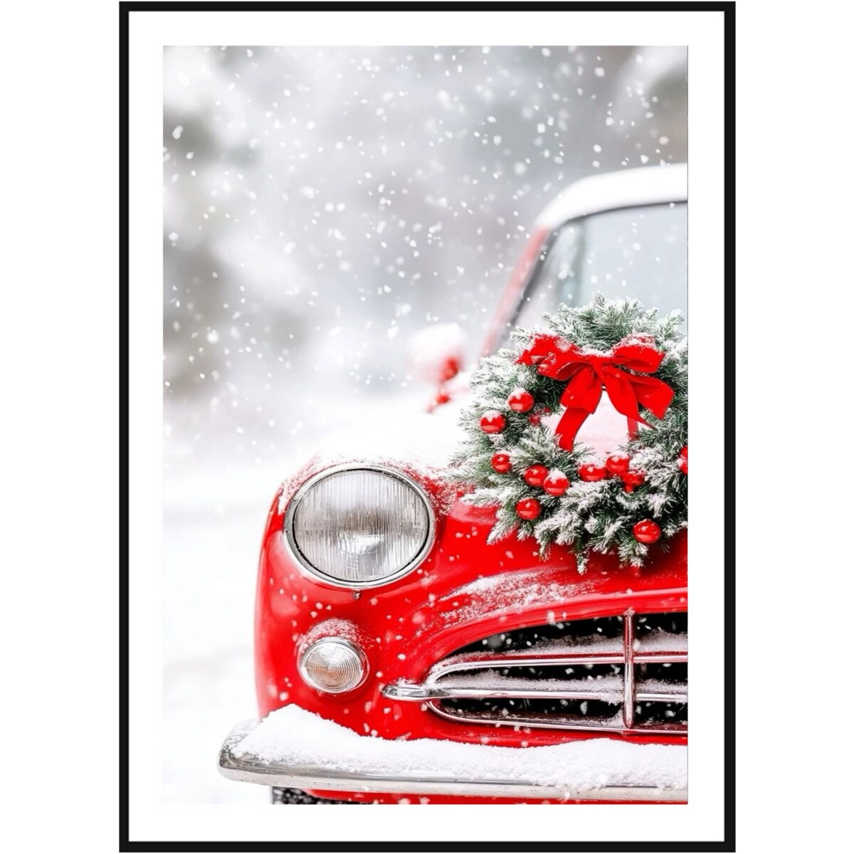 Poster Story, Plakat, Obraz - Świąteczne Czerwony Samochód z Bożonarodzeniowym Wieńcem, wymiary 30 x 42 cm