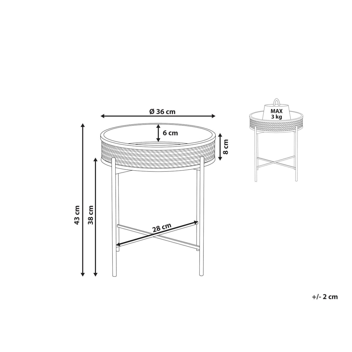 Stolik pomocniczy z tacą czarny z jasnym rattanem VIENNA