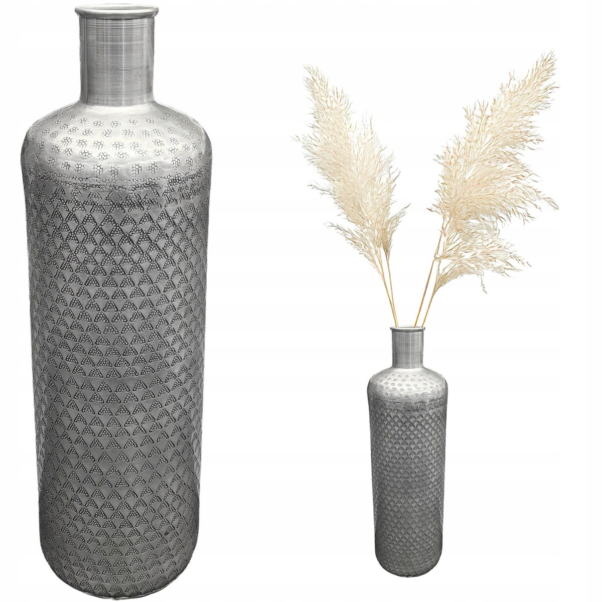 WYSOKI WAZON PODŁOGOWY BUTELKA 46cm metalowy srebrny wąski podłużny loftowy