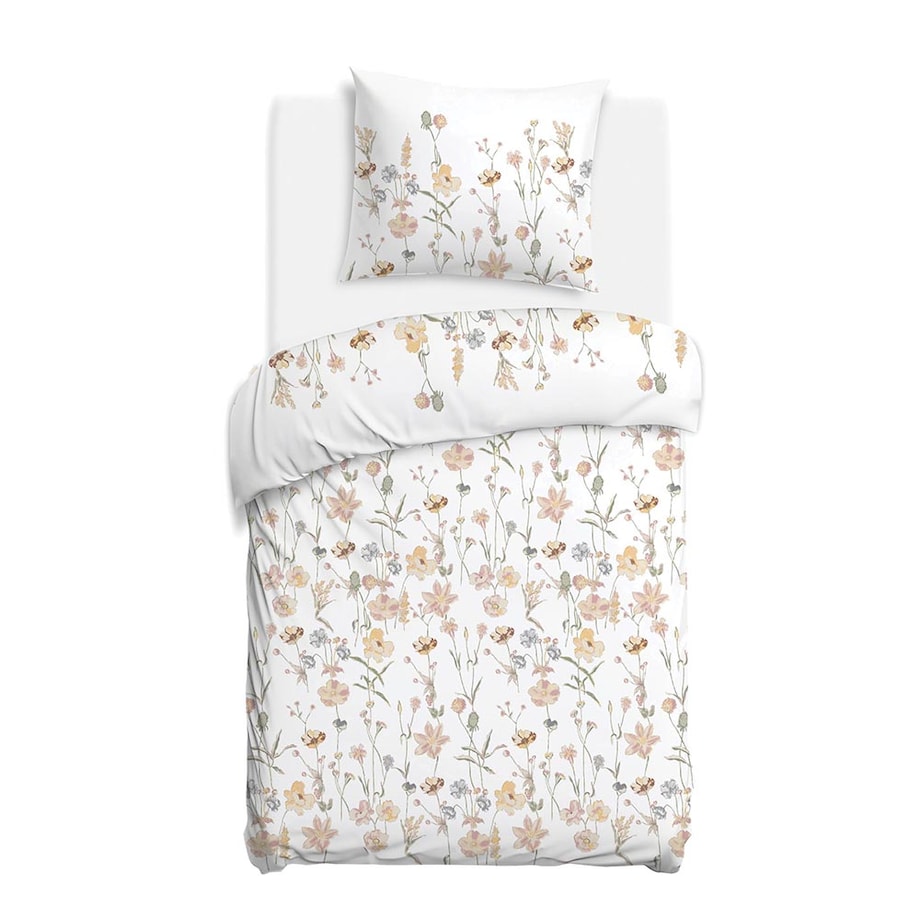 Pościel satyna bawełniana 140x200 Floralis delikatne kremowe kwiaty na biały tle, Satynlove