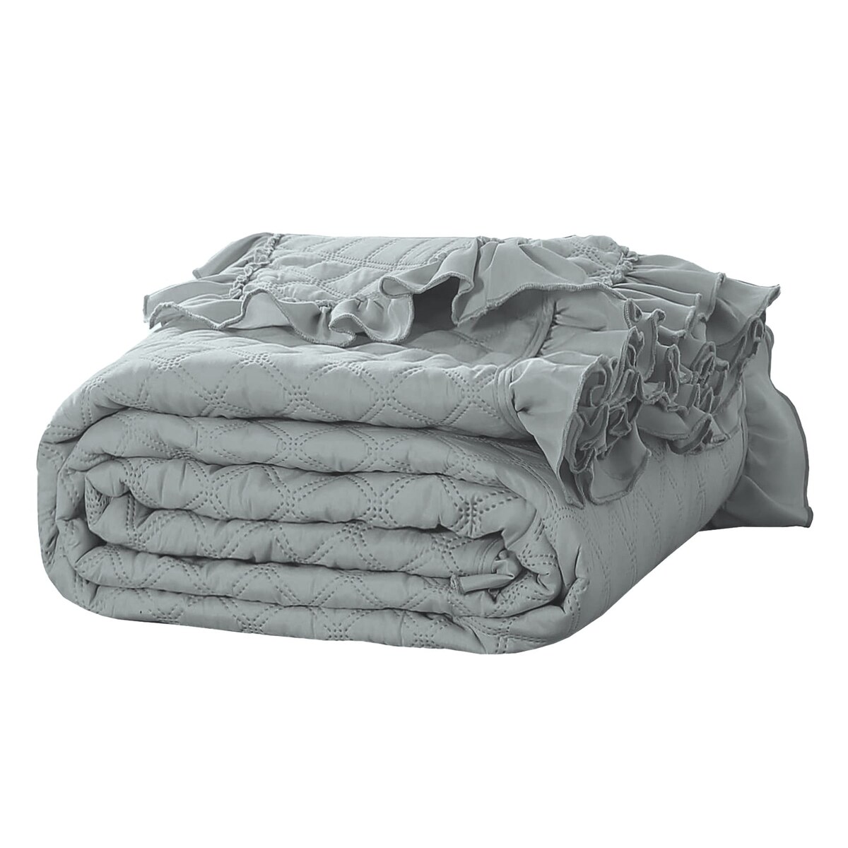 Szara Narzuta Pikowana z Falbanką 140 x 200 Pled na Sofę Kanapę Elegancki