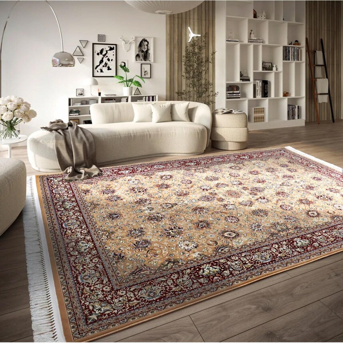 Dywan tradycyjny do salonu 155x235cm,klasyczny beżowo czerwony z frędzlami