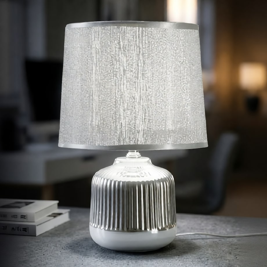 Lampa stołowa Lucina, kolor biały i srebrny, ceramika, żelazo i tkanina, 20 x 20 x 29 cm, 1 x E14, do salonu i sypialni, Mauro Ferretti