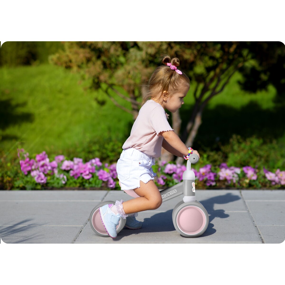 Rowerek biegowy trójkołowy jeździk dla dzieci lekki Ricokids szaro-różowy