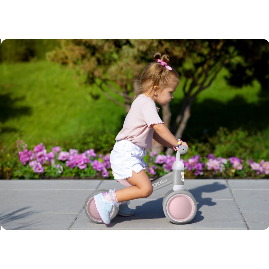 Rowerek biegowy trójkołowy jeździk dla dzieci lekki Ricokids szaro-różowy