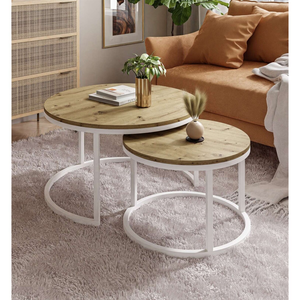 Okrągły stolik kawowy CIRI 2w1 biały dąb artisan