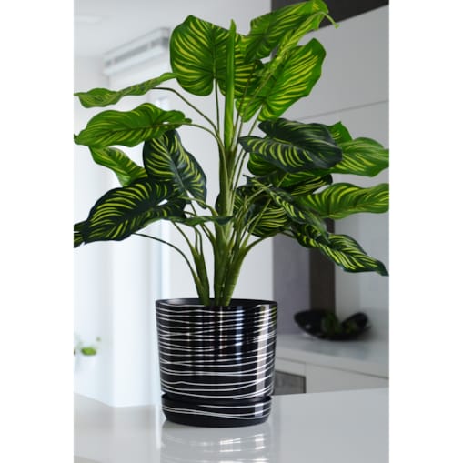 21 cm wzór CZARNA ZE SREBRNĄ NITKĄ Doniczka z podstawką glamour lustrzane srebrne paski połysk