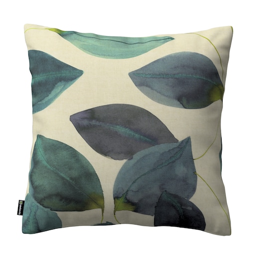 Poszewka Kinga na poduszkę 60x60 liście w kolorze szmaragdowej zieleni z fioletem na lnianym tle