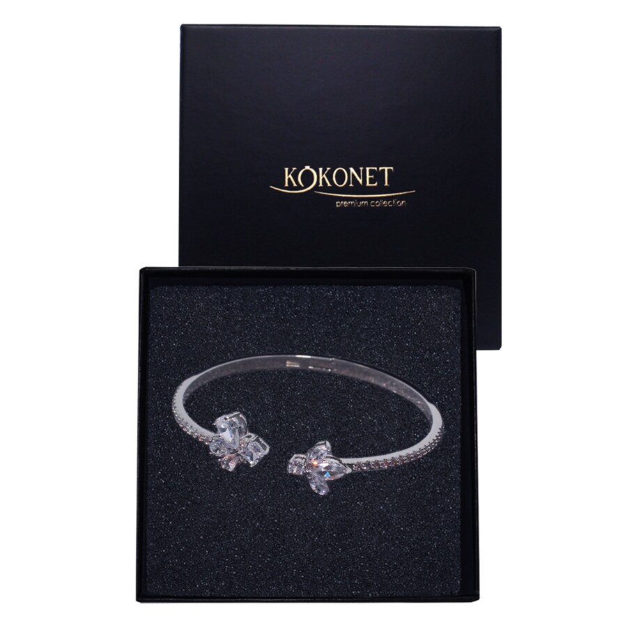 Srebrna bransoletka ślubna bangla z cyrkoniami listkami ELEGANCKA glam