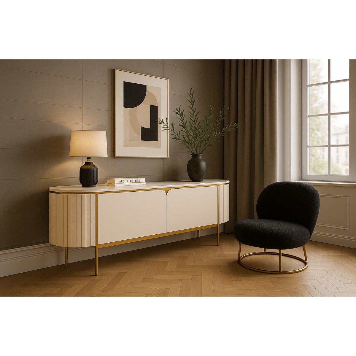 Ryflowana szafka RTV złota kremowa Bueno Glamour Premium 200x40x60