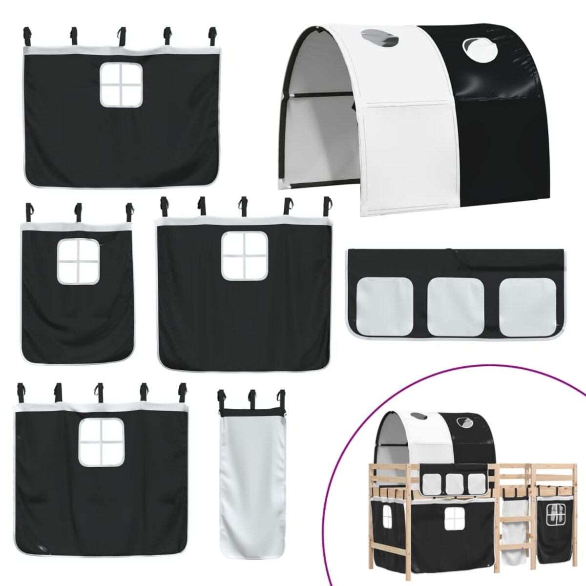 vidaXL Dziecięce łóżko na antresoli, z tunelem, biało-czarne, 90x190cm