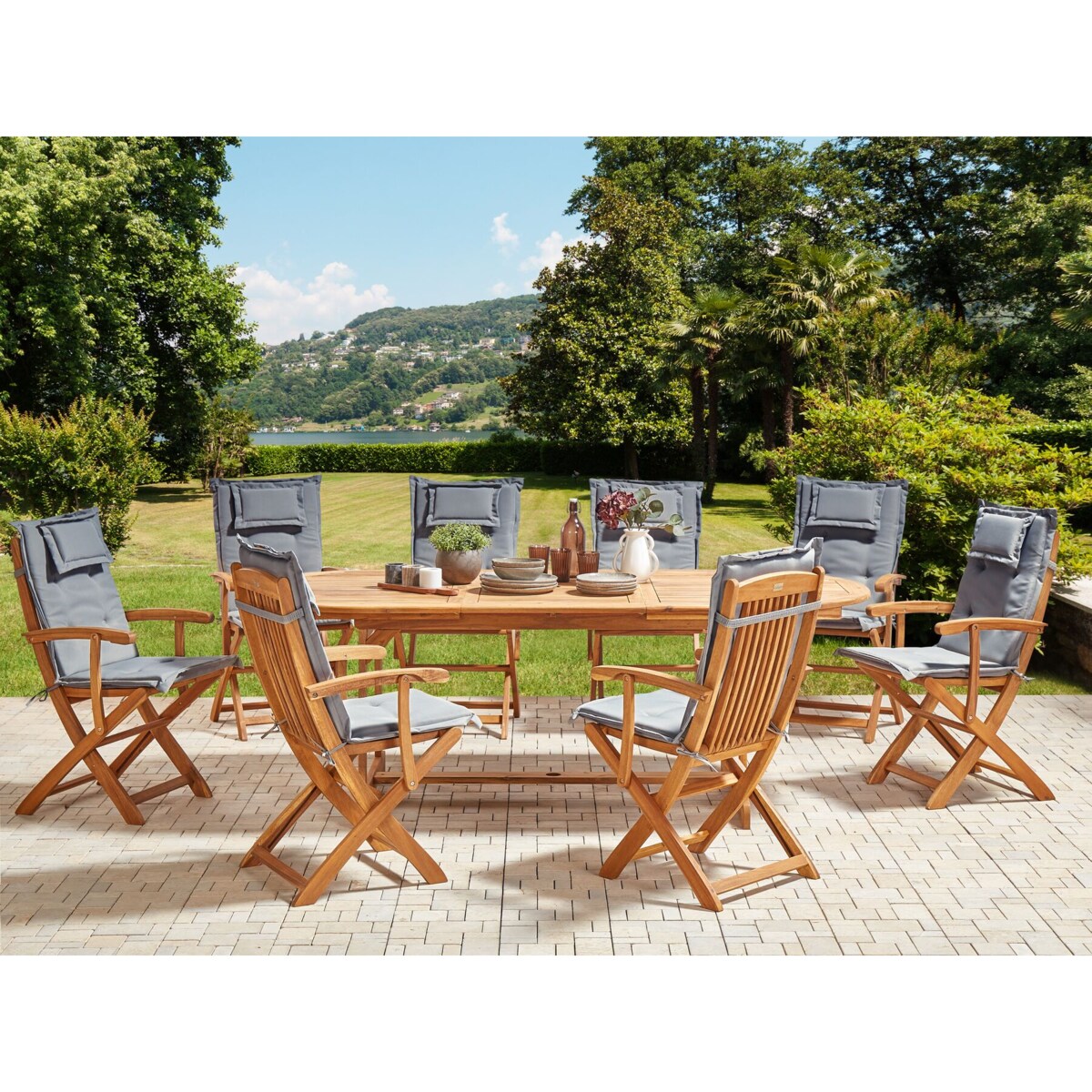 Zestaw ogrodowy drewniany stół i 8 krzeseł z poduszkami grafitowymi MAUI II