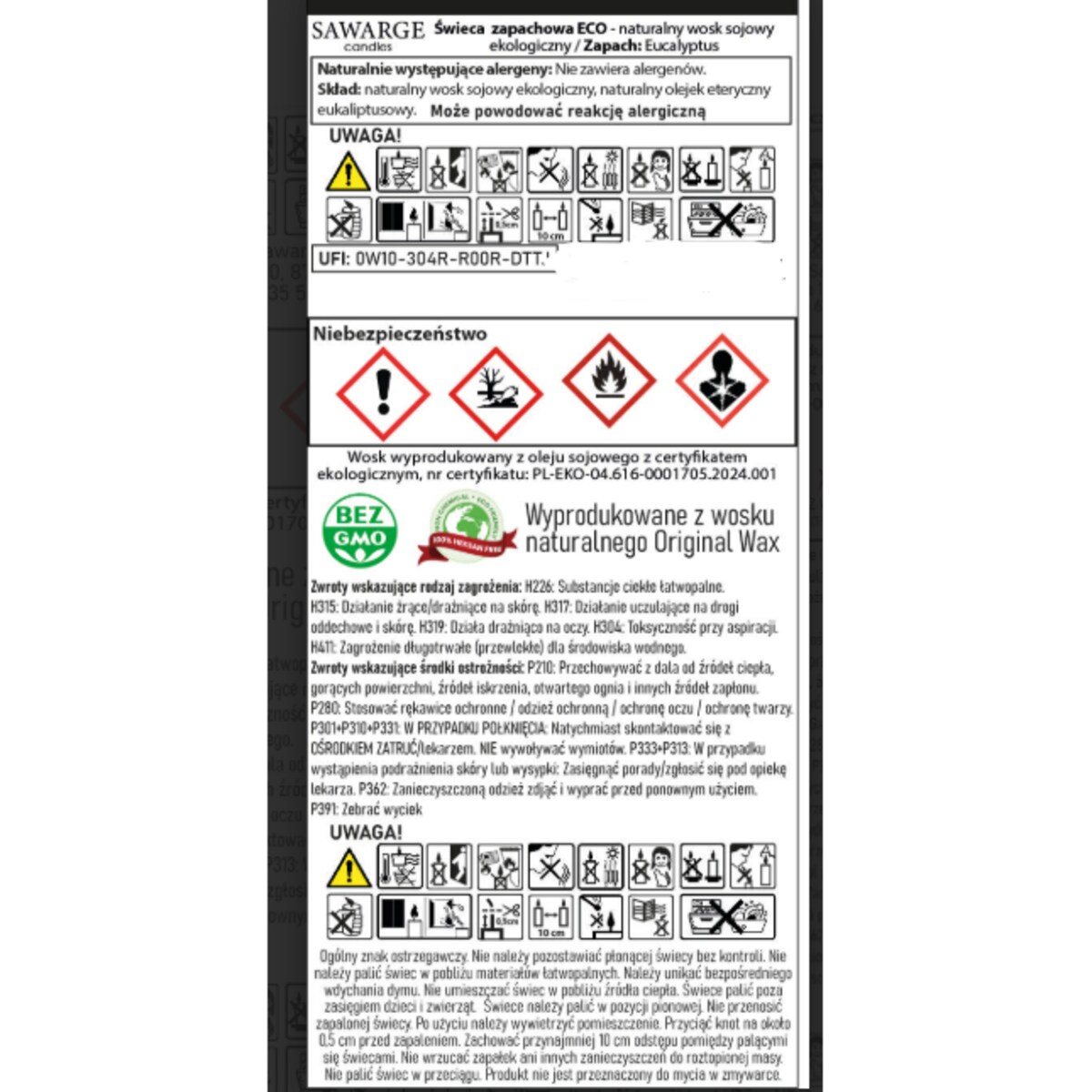 Ekologiczna Zapachowa Świeca Sojowa /70h/ Eucalyptus 800 g