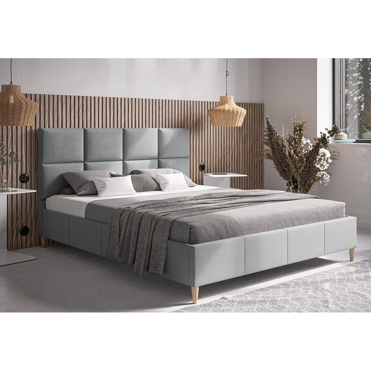 Łóżko tapicerowane 140x200 LUXO 1 na wysokich, drewnianych nóżkach- szare