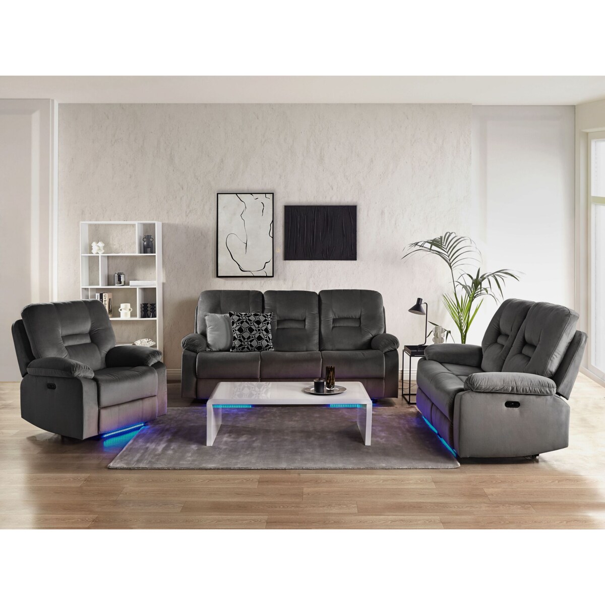 Sofa z elektryczną funkcją relaksu 3-osobowa welurowa LED z ładowarką szara BERGEN