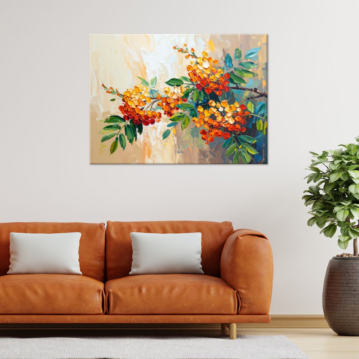 Feeby Obraz do salonu kuchni, Jarzębina Rośliny na beżowym tle 90x60