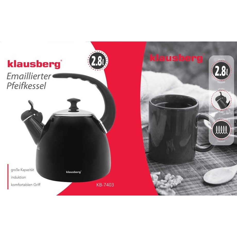 Czajnik stalowy z gwizdkiem tradycyjny 2.8L czarny KLAUSBERG