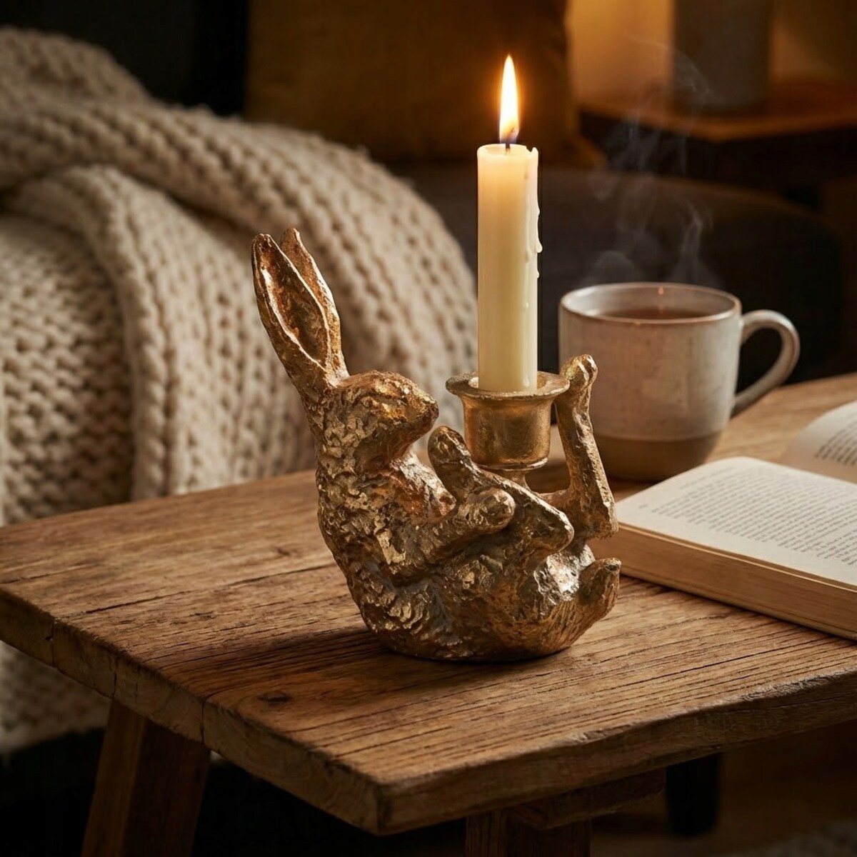 FIGURKA WIELKANOCNA ZAJĄC ŚWIECZNIK KANDELABR ZŁOTY WIELKANOCNY ZAJĄC