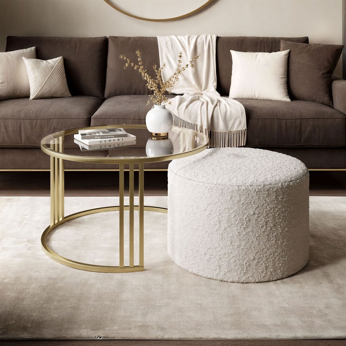 Stolik kawowy z pufą LORI GLASS złoto szczotkowane, przezroczyste szkło / Coral 65