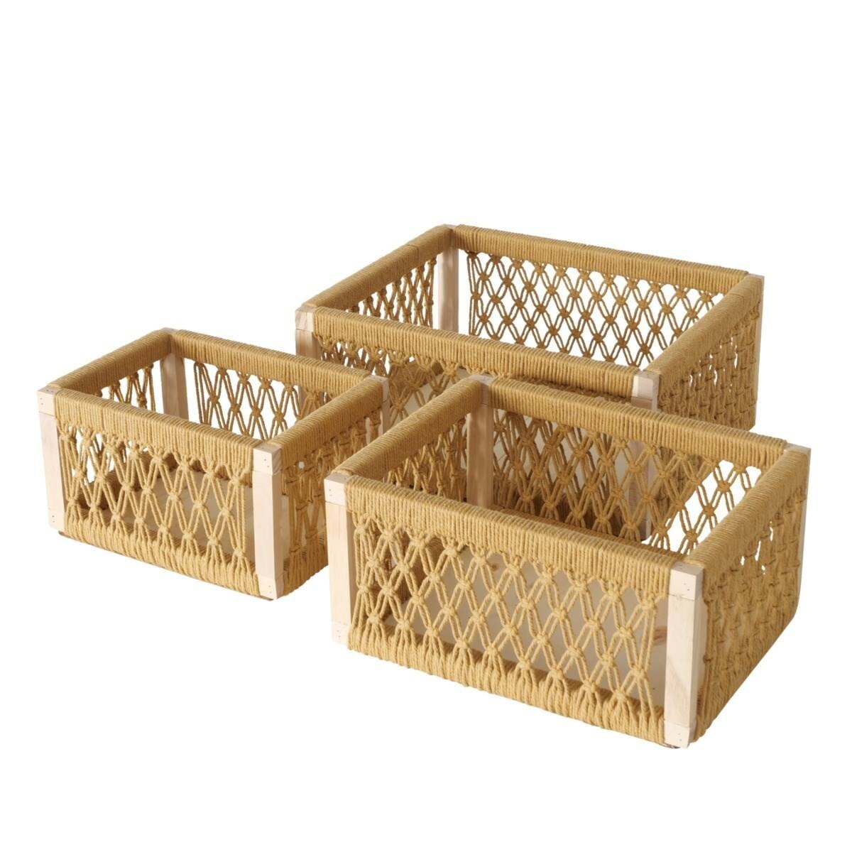 Skrzynki drewniane Winny z dekoracyjną plecionką, 3 sztuki