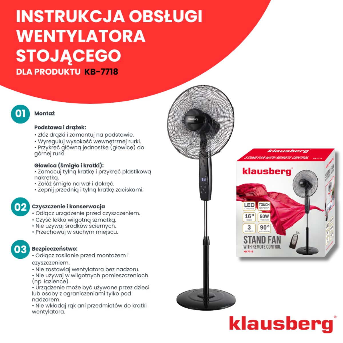 Wentylator podłogowy z pilotem i timerem 40cm 50W KLAUSBERG