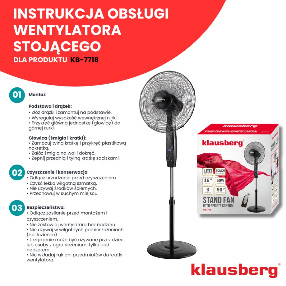 Wentylator podłogowy z pilotem i timerem 40cm 50W KLAUSBERG