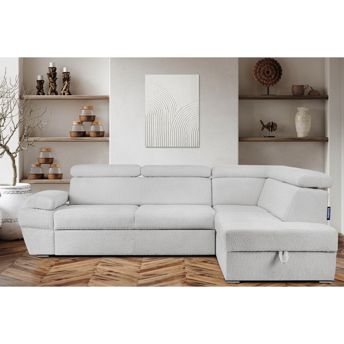 KONSIMO RATLO Narożnik rozkładany jagnięcy z pojemnikiem na pościel, szary, prawy