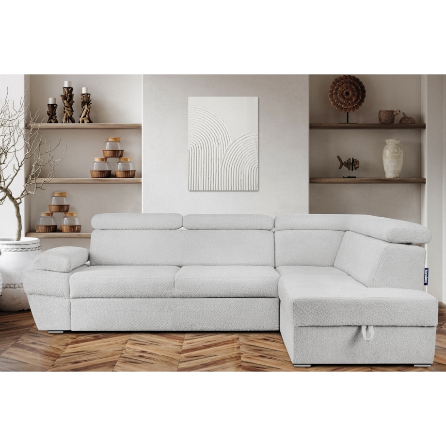 KONSIMO RATLO Narożnik rozkładany jagnięcy z pojemnikiem na pościel, szary, prawy