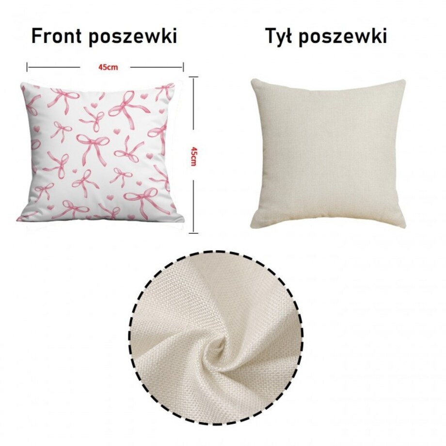 Poszewka na poduszkę 45 x 45 cm biała, KOKARDKI różowe POD228