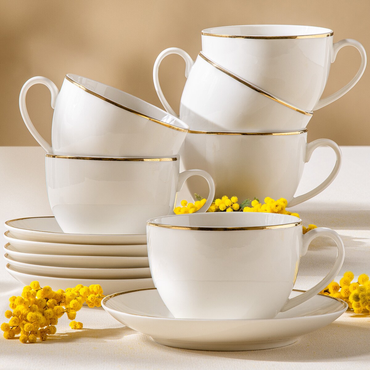 KONSIMO AD BELLA, Filiżanka do kawy ze spodkiem 6 szt., kolor ecru/złoty