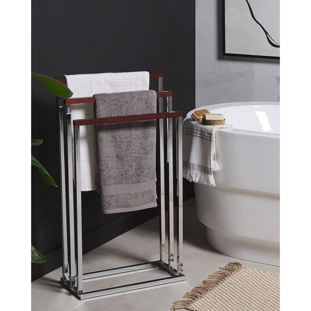 Stojak na ręczniki 45 x 84 cm srebrny z ciemnym drewnem CHARRAS