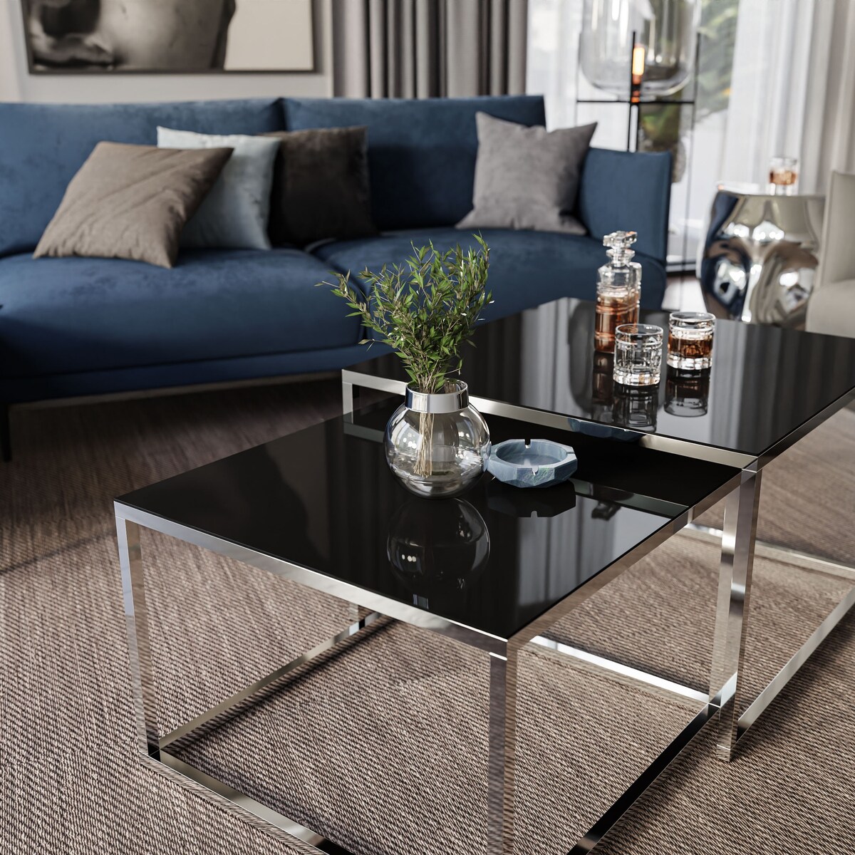 Ława 2w1 YOSHI chrom czarne szkło 39/45 cm