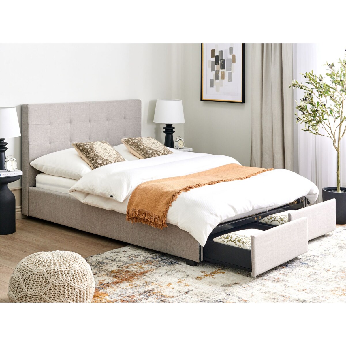 Łóżko z szufladami tapicerowane 140 x 200 cm jasnoszare LA ROCHELLE