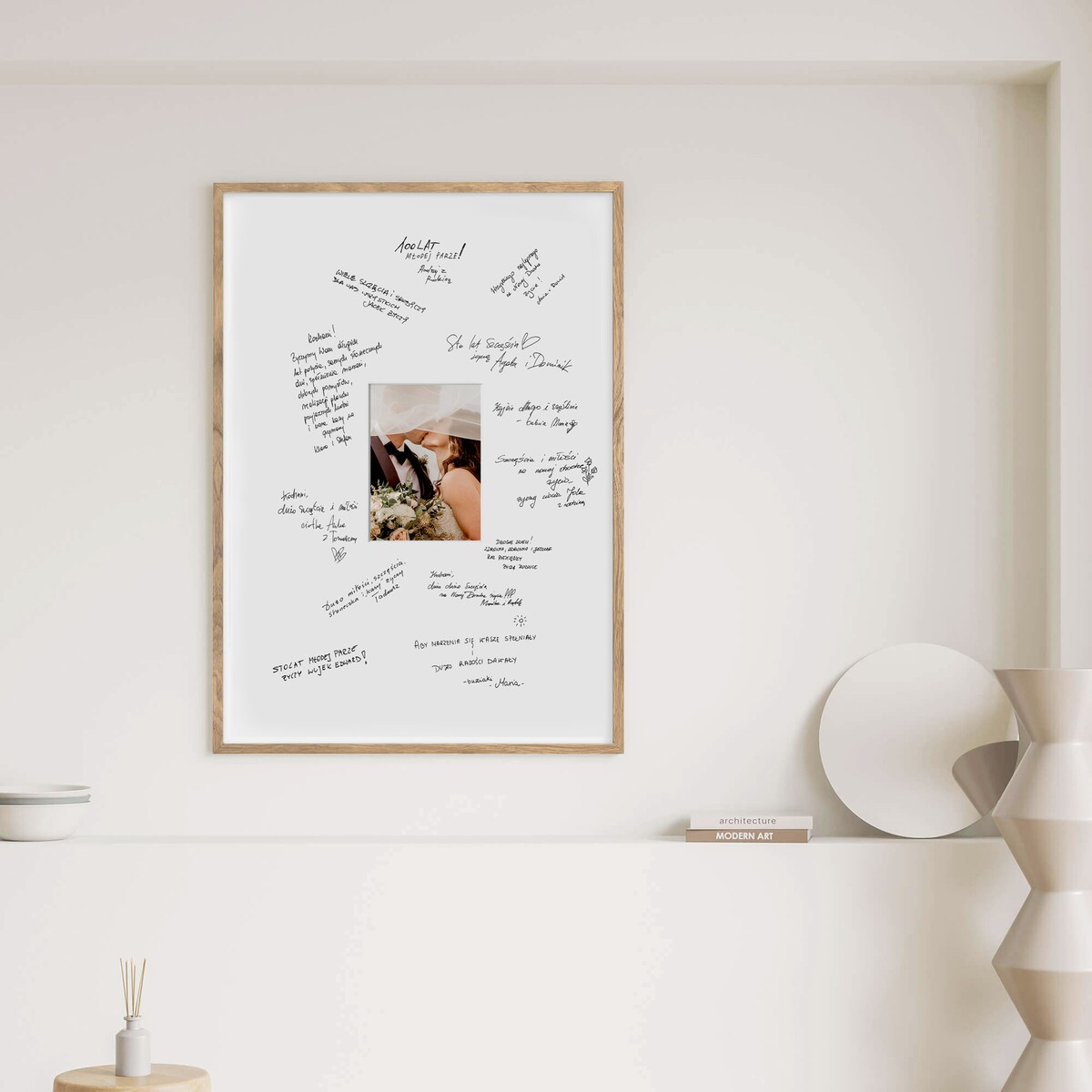Ramka na WESELE PAMIĄTKOWA o rozmiarze 50x70 cm - kolor ramy dąb. Ramka z passe partout prezent weselny zdjęcie 15x21 cm