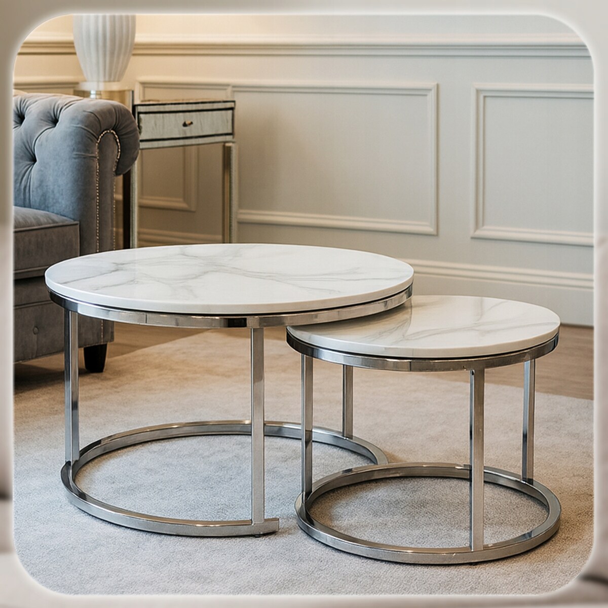Stolik Kawowy Okrągły Zestaw 2w1 Ława Glamour Marmur Biały Srebrny AMARA