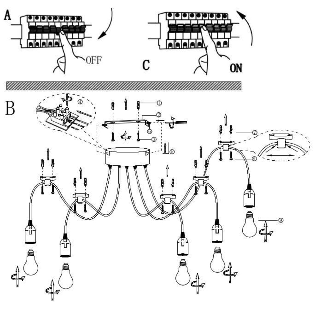 Industrialna LAMPA wisząca MARACANA A110-5 Globo loftowa OPRAWA kable przewody ZWIS pająk żarówki bulbs czarny