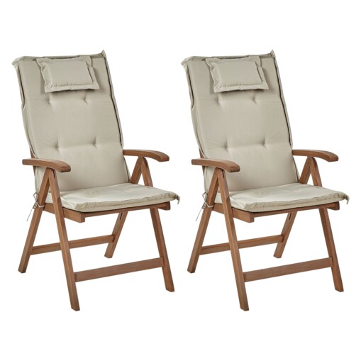 Zestaw 2 krzeseł ogrodowych drewno akacjowe z poduszkami beżowoszarymi AMANTEA