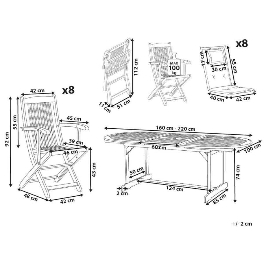 Zestaw ogrodowy drewniany stół i 8 krzeseł z poduszkami grafitowymi MAUI II