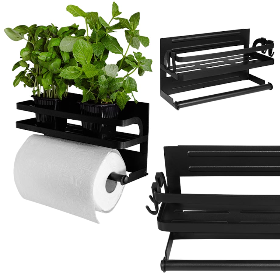 Półka na przyprawy kuchenna z uchwytem na ręcznik papierowy czarna