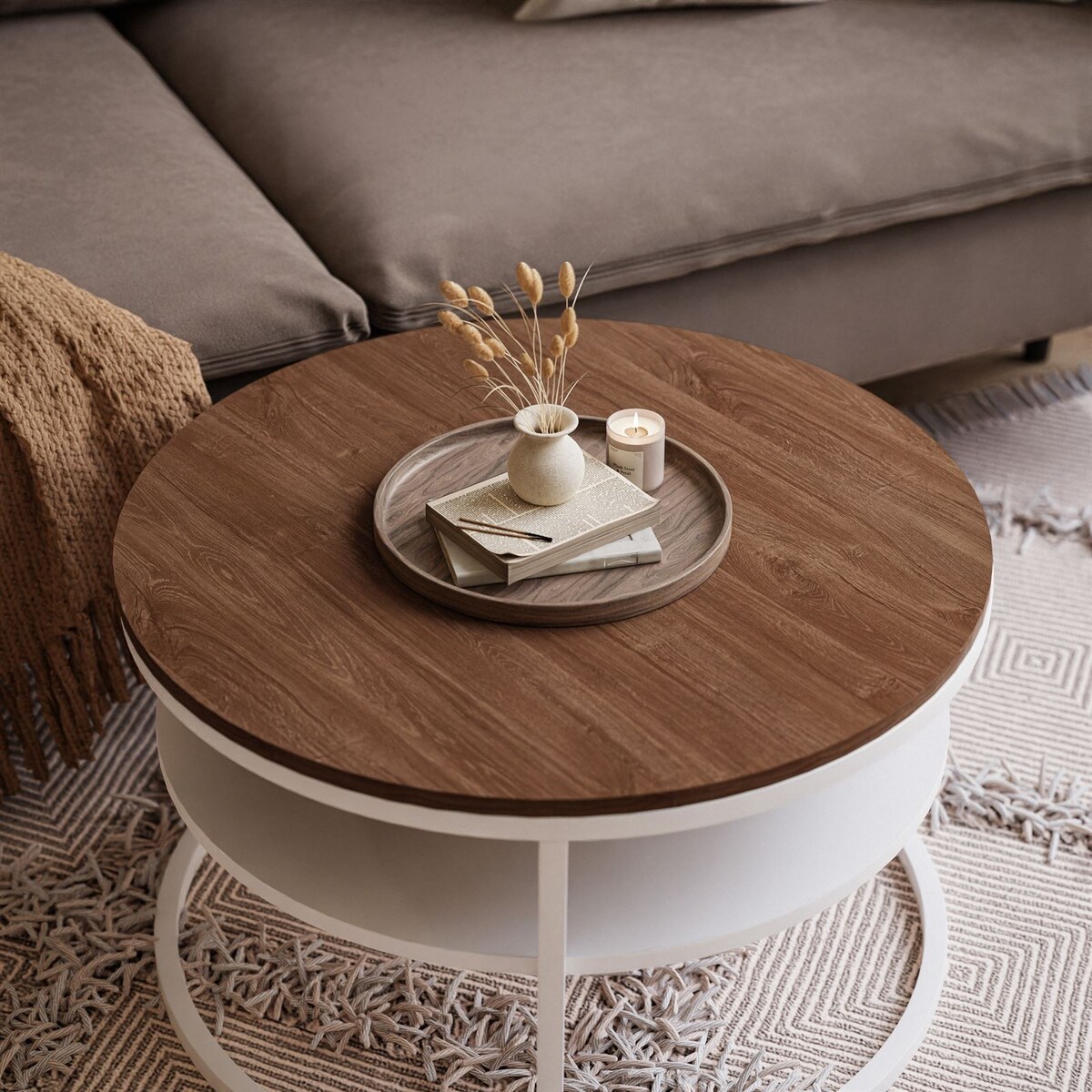 Stolik kawowy CIRI SLIM z półką biały dąb stirling