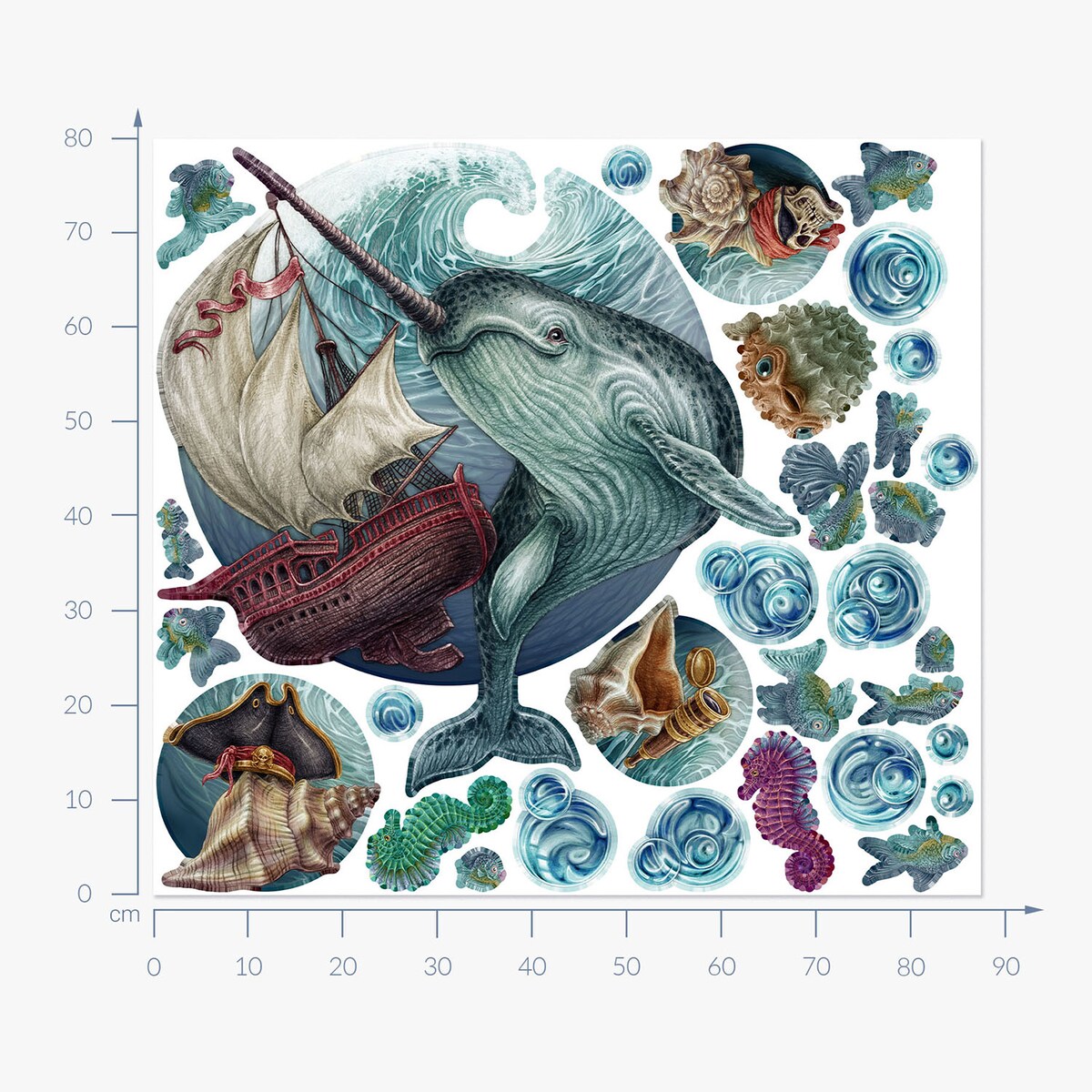 Zestaw naklejek na ścianę, Morskie zwierzęta, 80cm