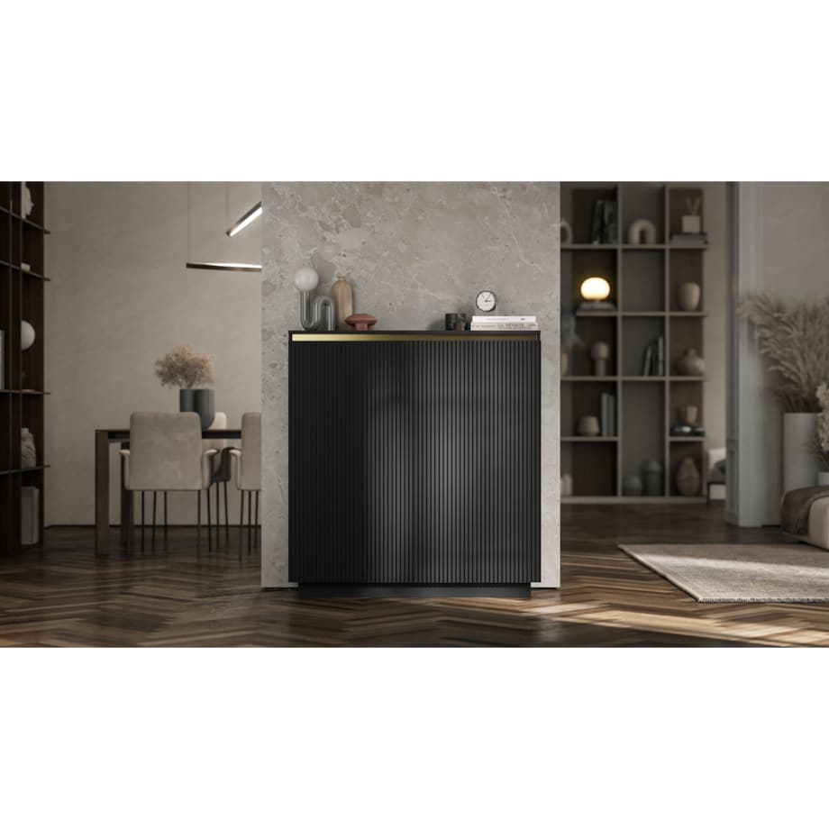 Nowoczesna Komoda Glamour Szafka RTV Czarny MAT ryflowane fronty 110,8 cm