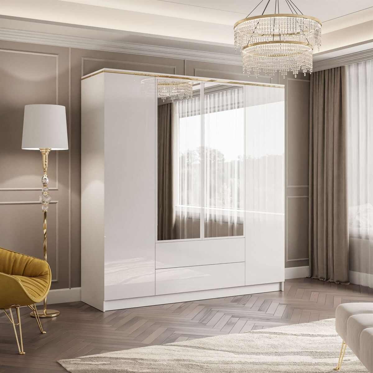 Szafa uchylna AURORA 4D2S z szufladami w białym połysku z lustrem