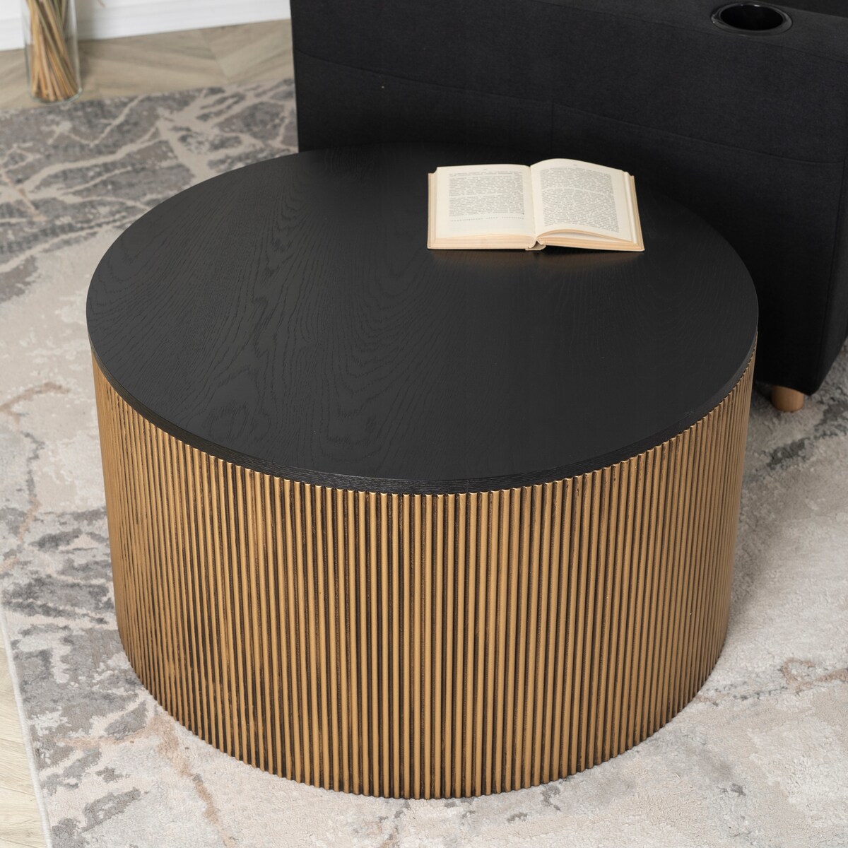 Stolik Kawowy Okrągły Duży Złoty Lamel Nowoczesny Okrągła Ława MIRACLE MAX