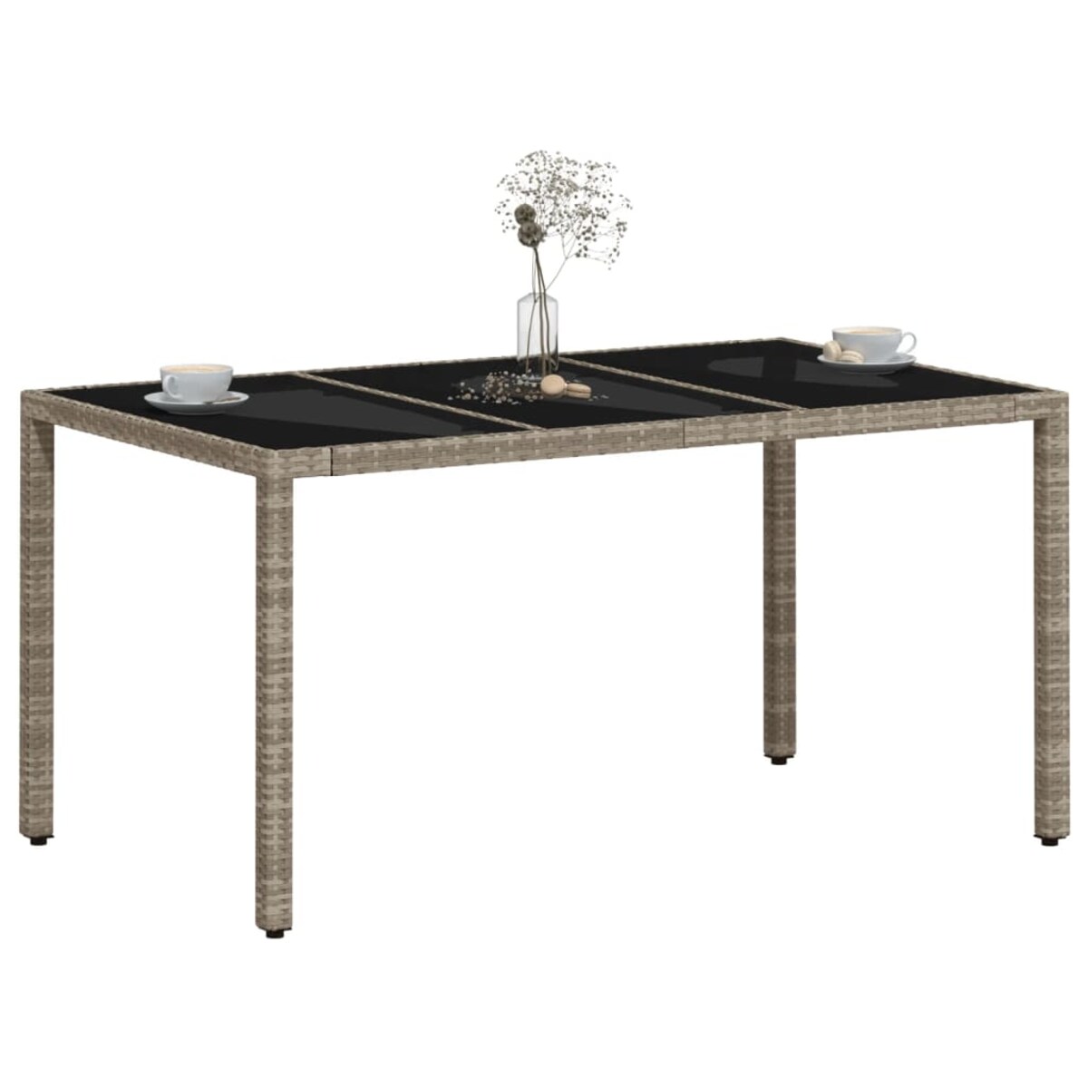 vidaXL Stół ogrodowy ze szklanym blatem, szary 150x90x75 cm, rattan PE