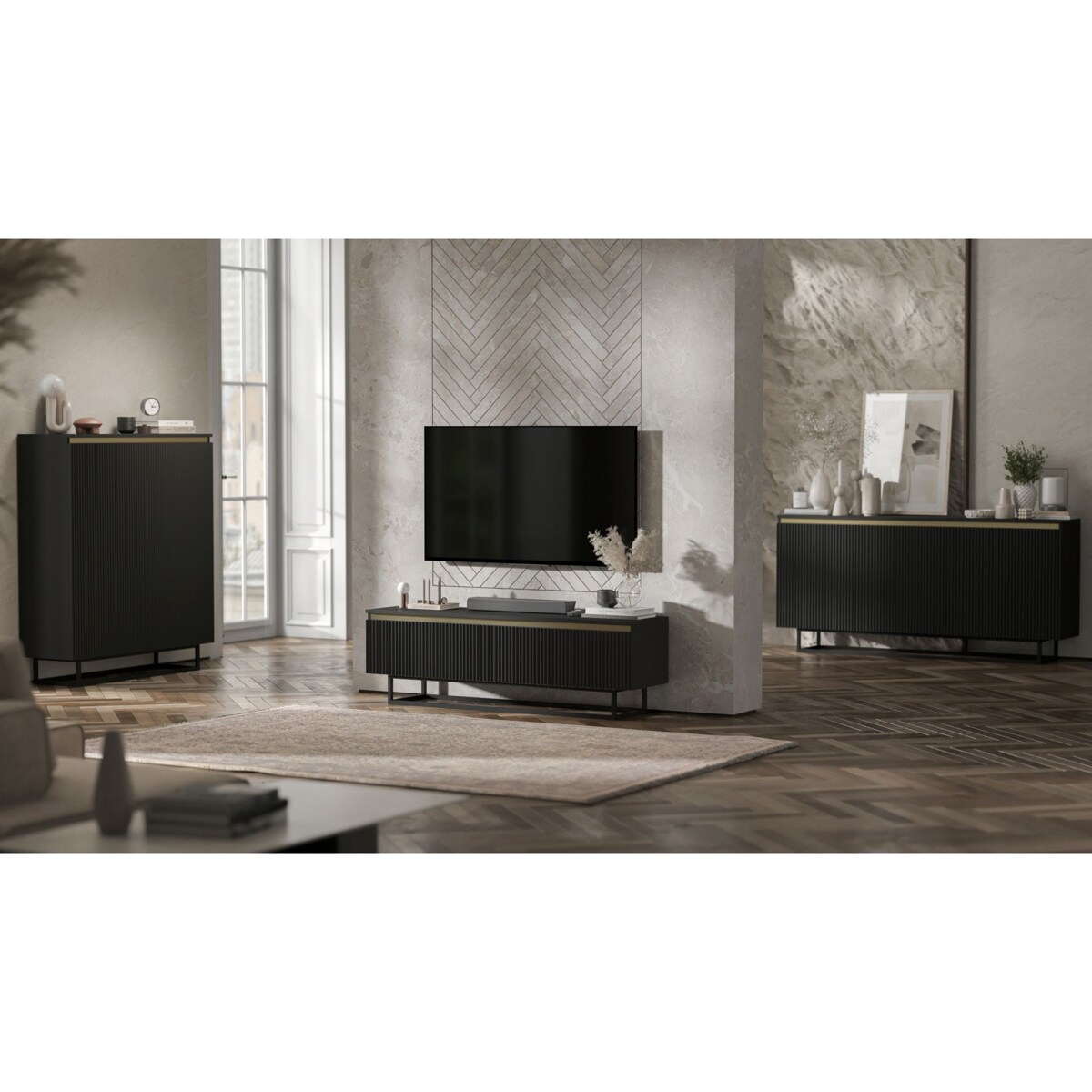 Komoda Glamour Szafka RTV Czarny MAT ryflowane fronty czarny stelaż 166,8 cm
