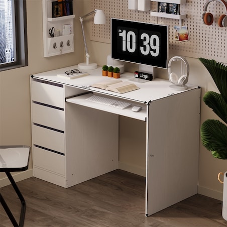BIURKO KOMPUTEROWE STOLIK BIAŁE MŁODZIEŻOWE NOWOCZESNE Z SZUFLADAMI I PÓŁKĄ