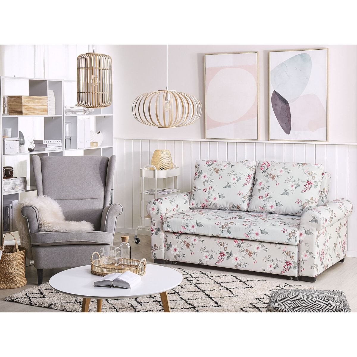 Sofa rozkładana w kwiaty jasnoszara SILDA
