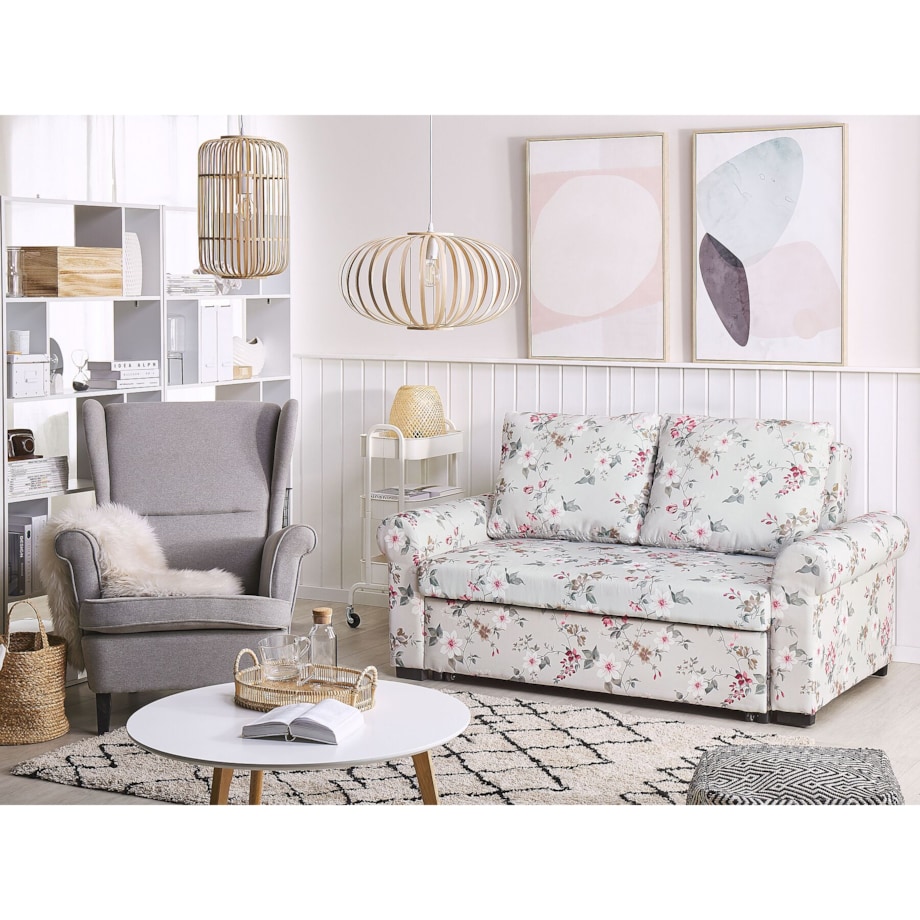 Sofa rozkładana w kwiaty jasnoszara SILDA