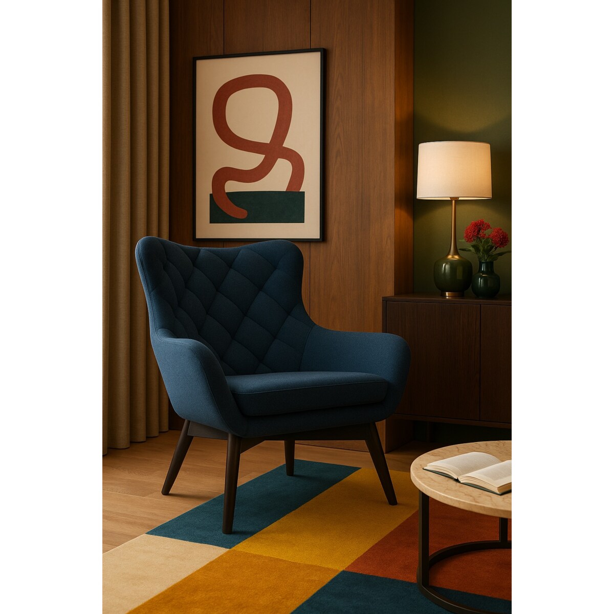 Wygodny Fotel na drewnianych nogach LISA CARO granatowy